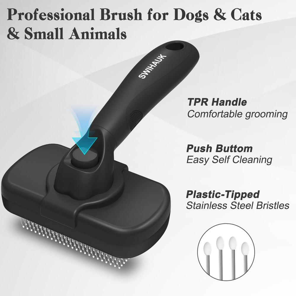 Swihauk brush with release bottom makes cleaning after grooming quick.