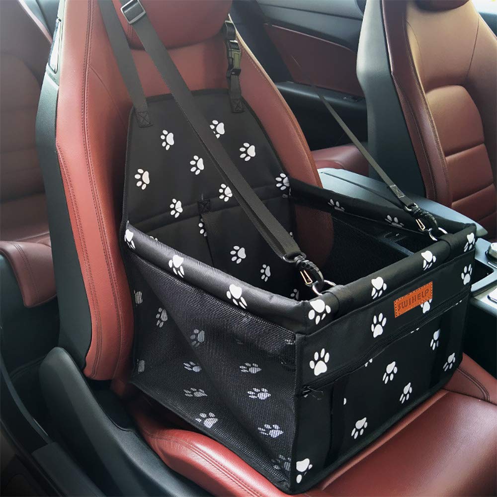 SWIHELP dog car seat booster installed in car keeping small pet secure.