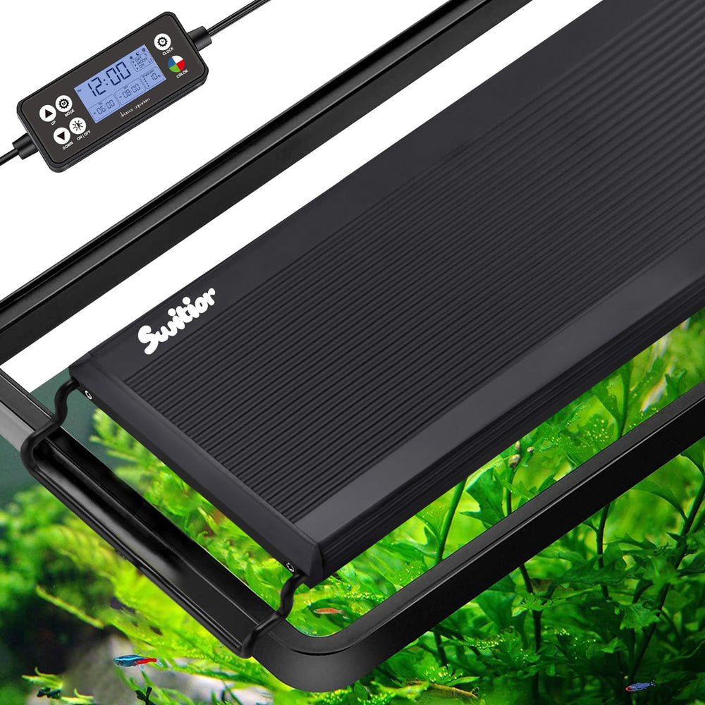 Switior 24/7 LED aquarium light viewed from the front with extendable bracket
