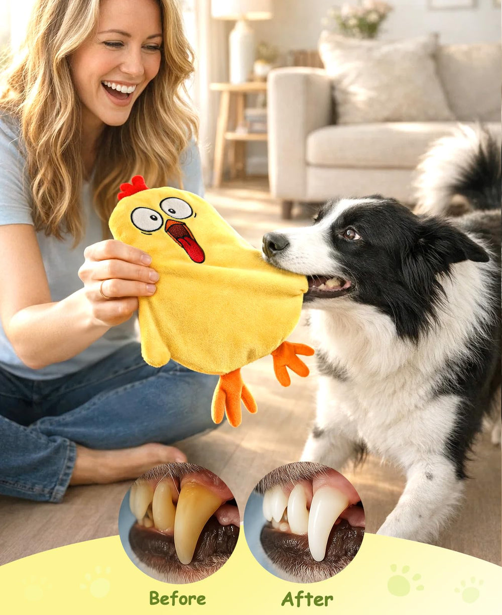 Swooflia soft plush dog toy feels gentle on teeth and gums.