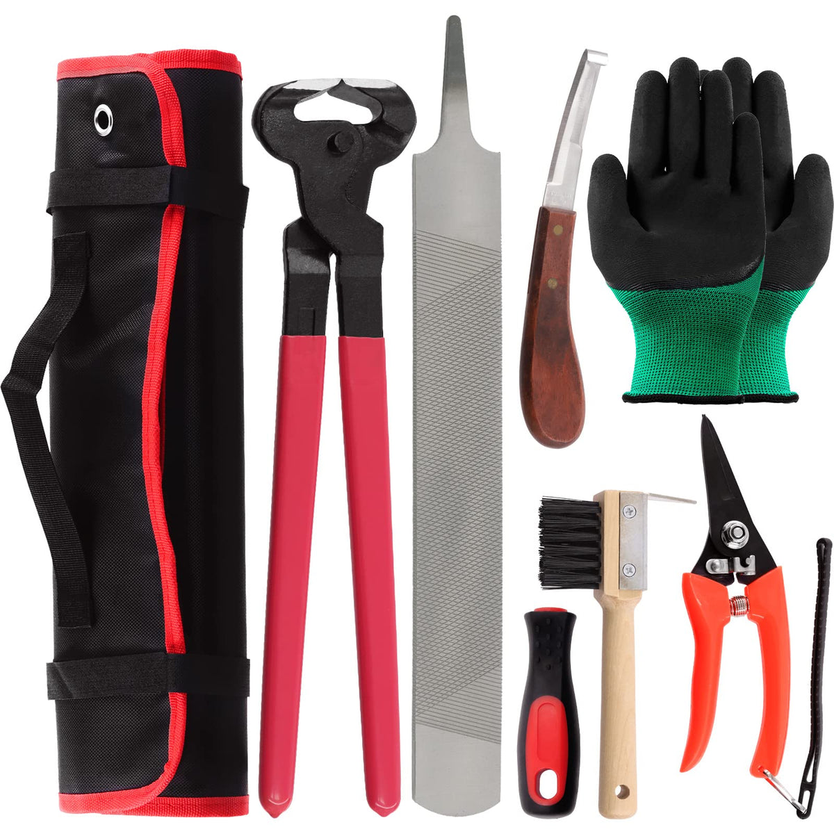 Swpeet 8Pcs Farrier Tools Roll Pack displayed as a complete hoof care kit for professionals