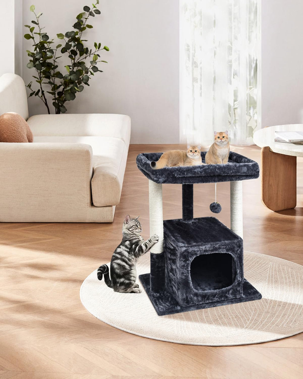 SYANDLVY 27in cat tree blends modern smoky décor with playful design.