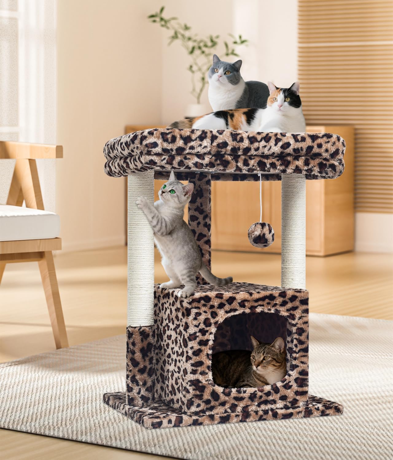 SYANDLVY cat tree base and stability ensure secure play for curious cats.