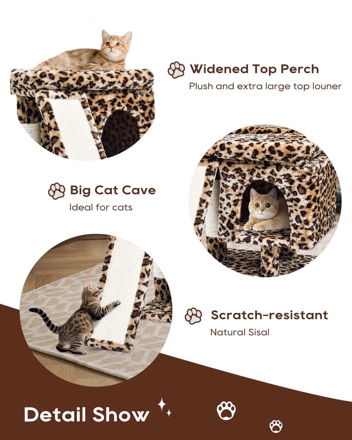 SYANDLVY leopard cat tree sisal board provides space for stretching and play.