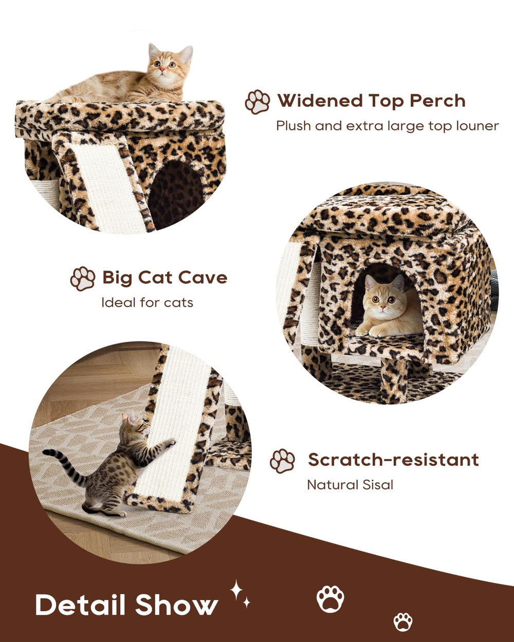 SYANDLVY leopard cat tree sisal board provides space for stretching and play.