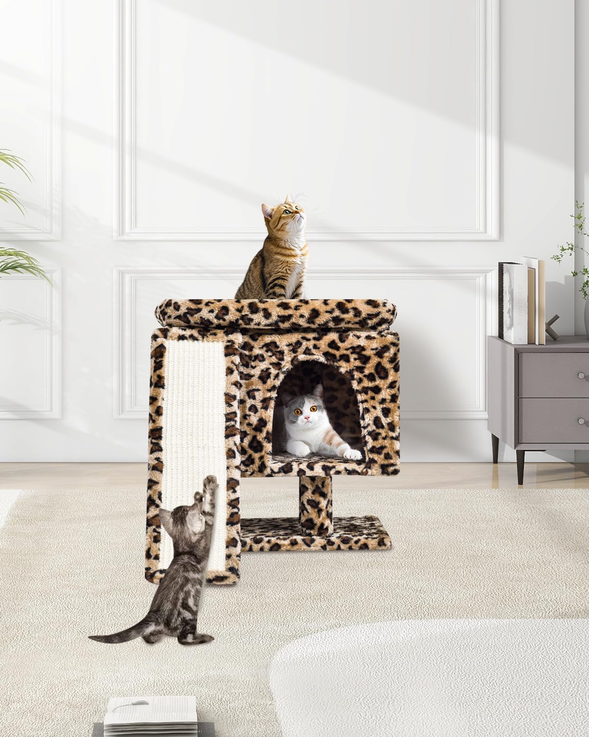 SYANDLVY leopard cat tree sturdy base provides stable climbing for energetic cats.