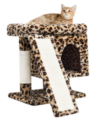 SYANDLVY leopard cat tree top plush perch offers a cozy lounging spot for playtime.