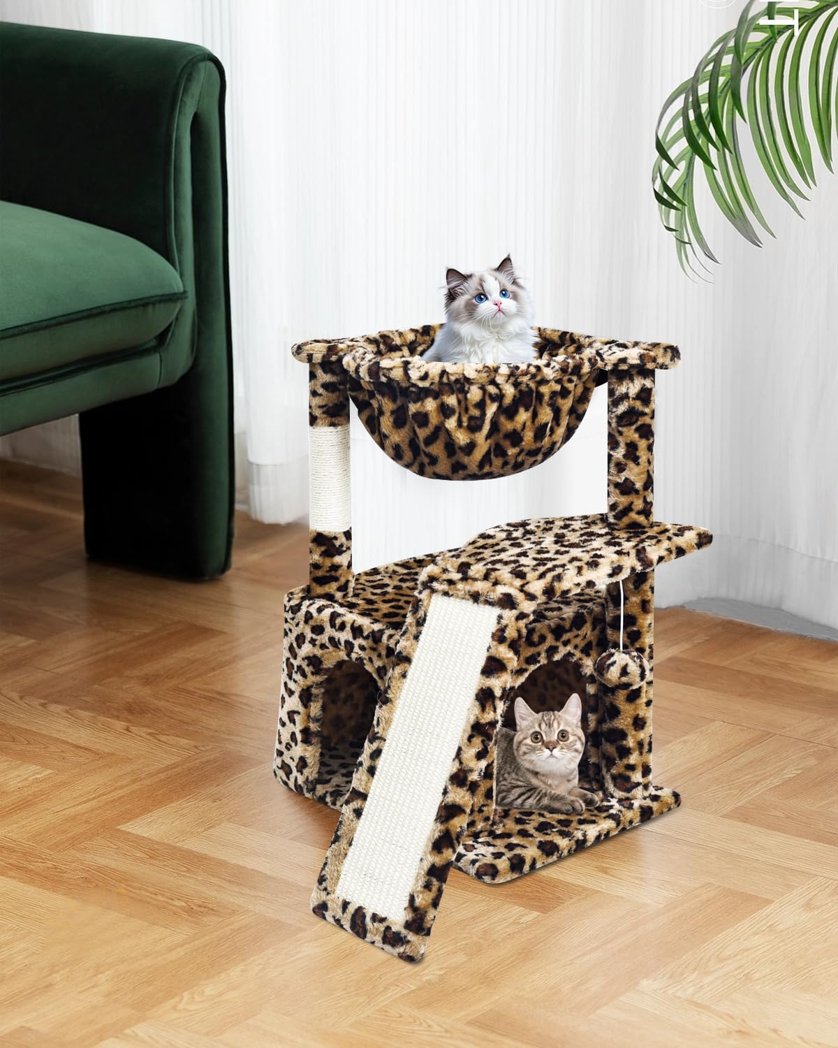 SYANDLVY Leopard Print Cat Tree reinforced base ensures stability during jumps.