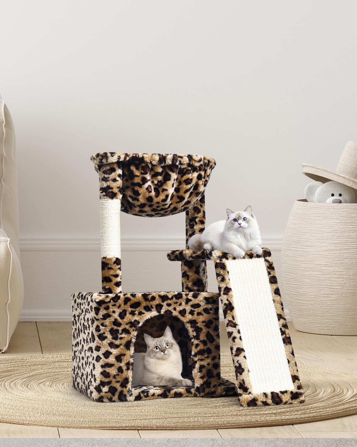 SYANDLVY Leopard Print Cat Tree cave offers privacy and a comfy hideaway.