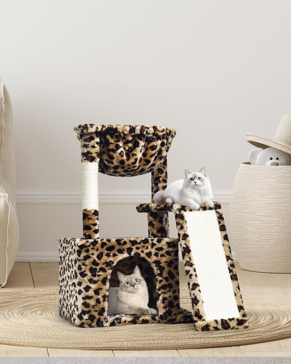 SYANDLVY Leopard Print Cat Tree cave offers privacy and a comfy hideaway.