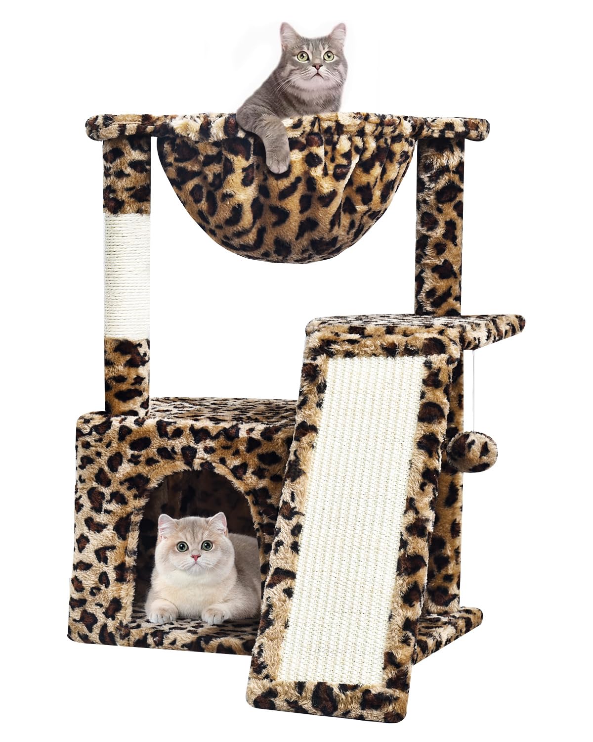 SYANDLVY Leopard Print Cat Tree cradle offers a cozy retreat for kittens and a play space.