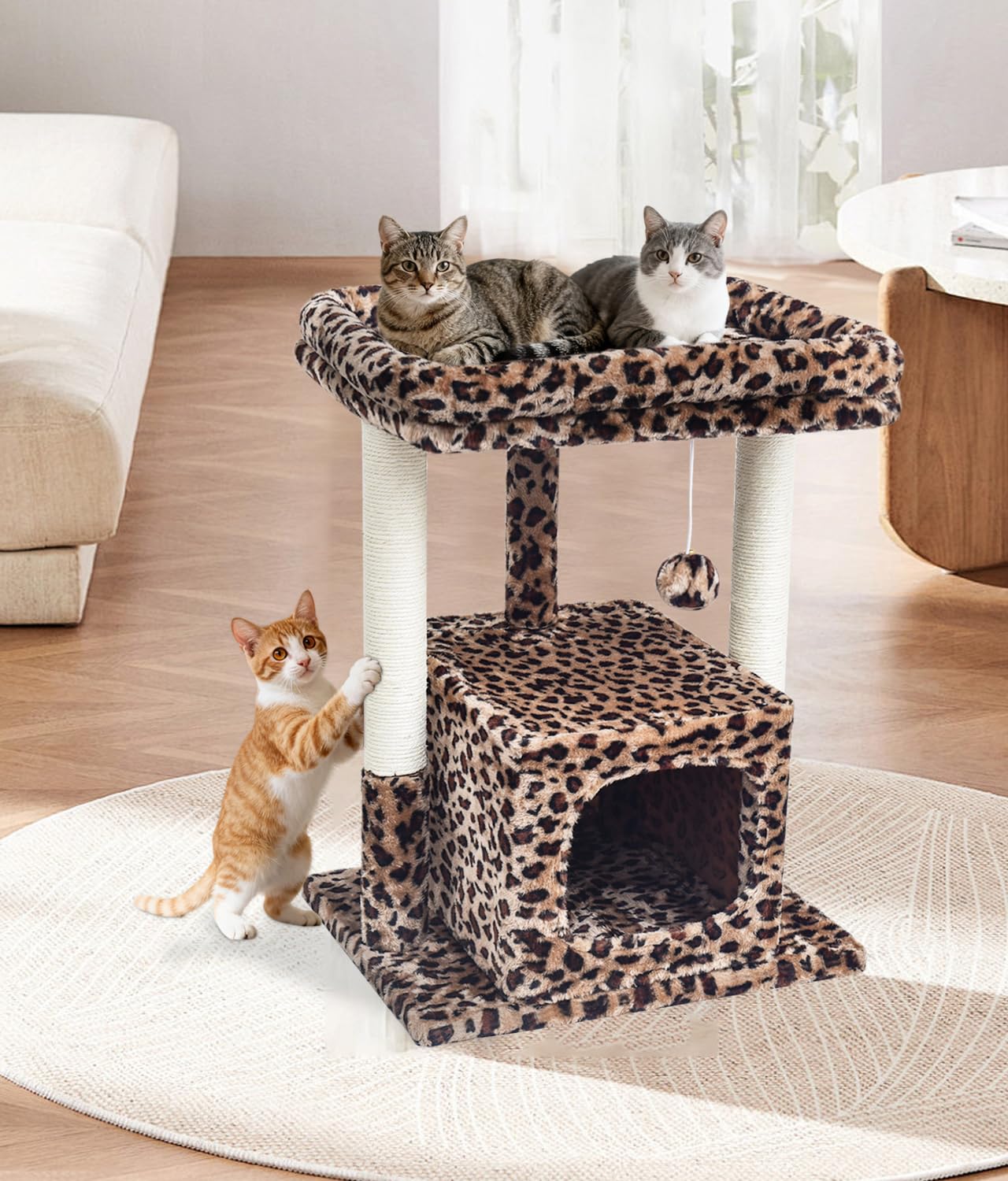 SYANDLVY leopard-print cat tree fits modern living spaces.