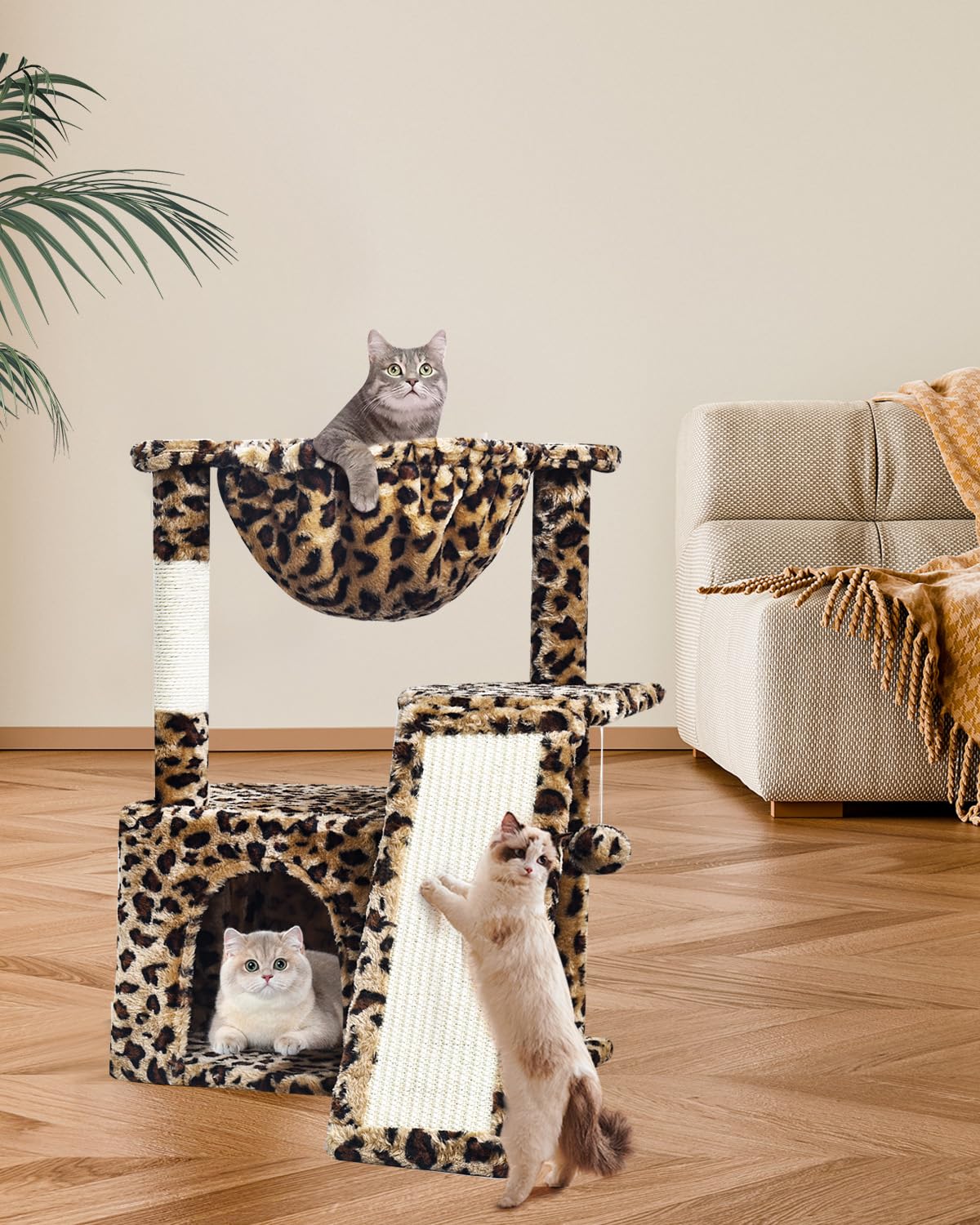 SYANDLVY Leopard Print Cat Tree scratching-board encourages stretching and paw care.