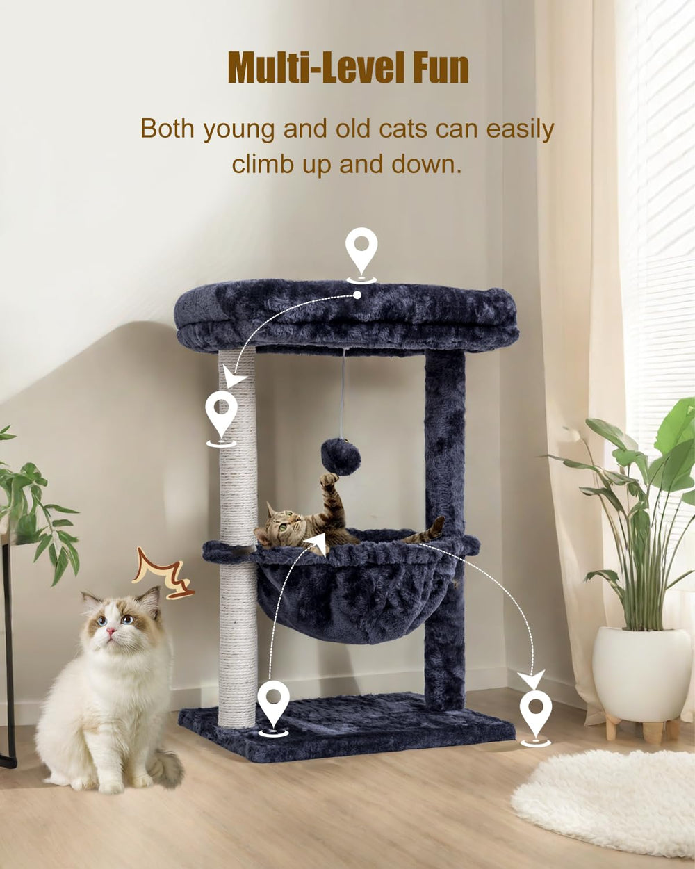SYANDLVY Small Cat Tree basket lounger creates a warm, private nap nook.