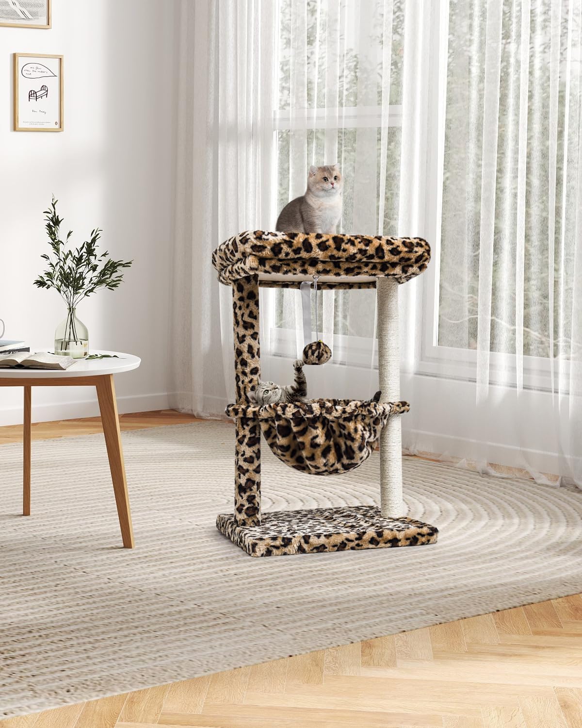 SYANDLVY cat tree cheetah hammock provides a comfy basket lounger for relaxation.