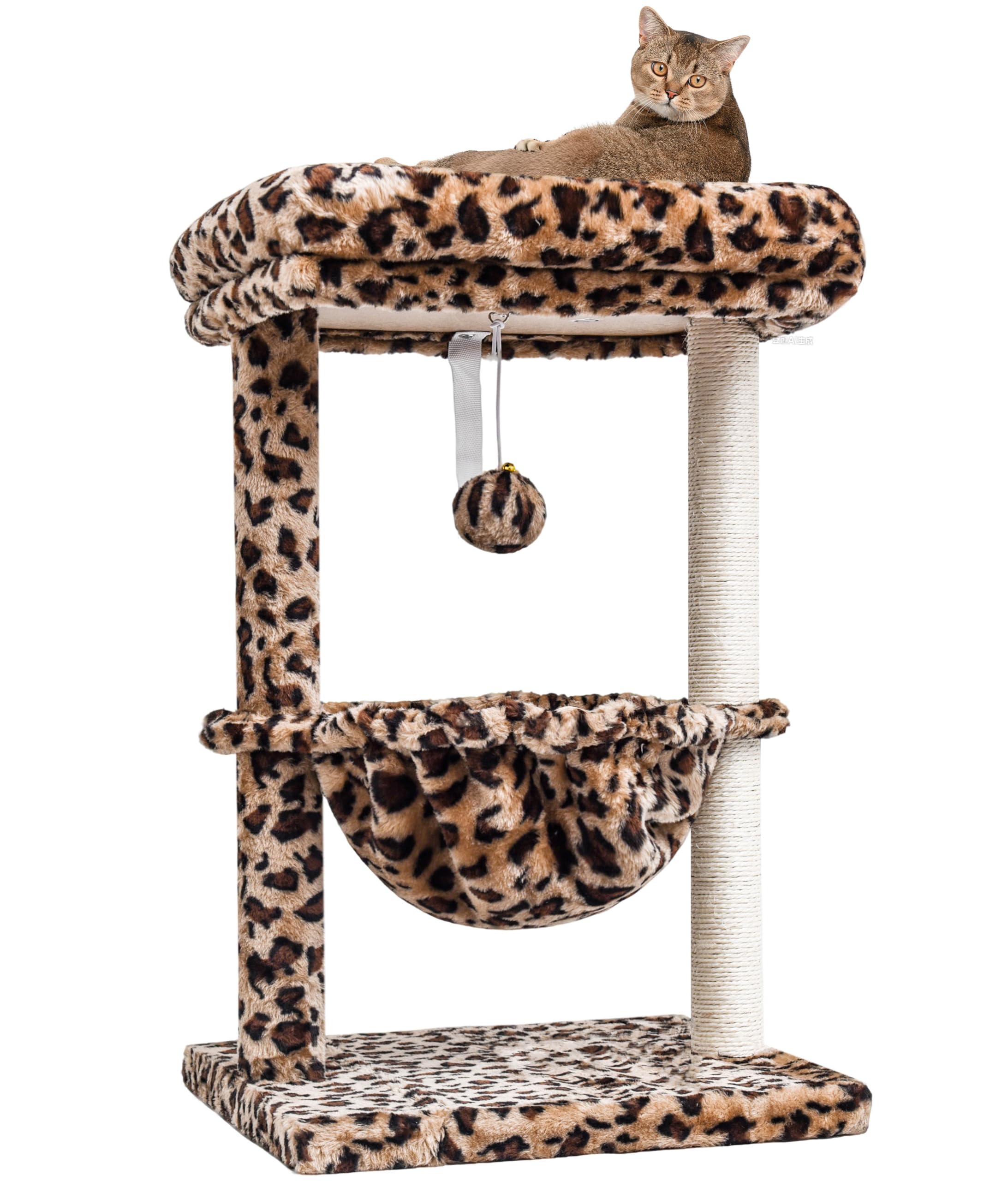 SYANDLVY small cat tree perch in cheetah print offers a cozy indoor resting spot.