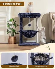 SYANDLVY Small Cat Tree hanging ball encourages interactive play.