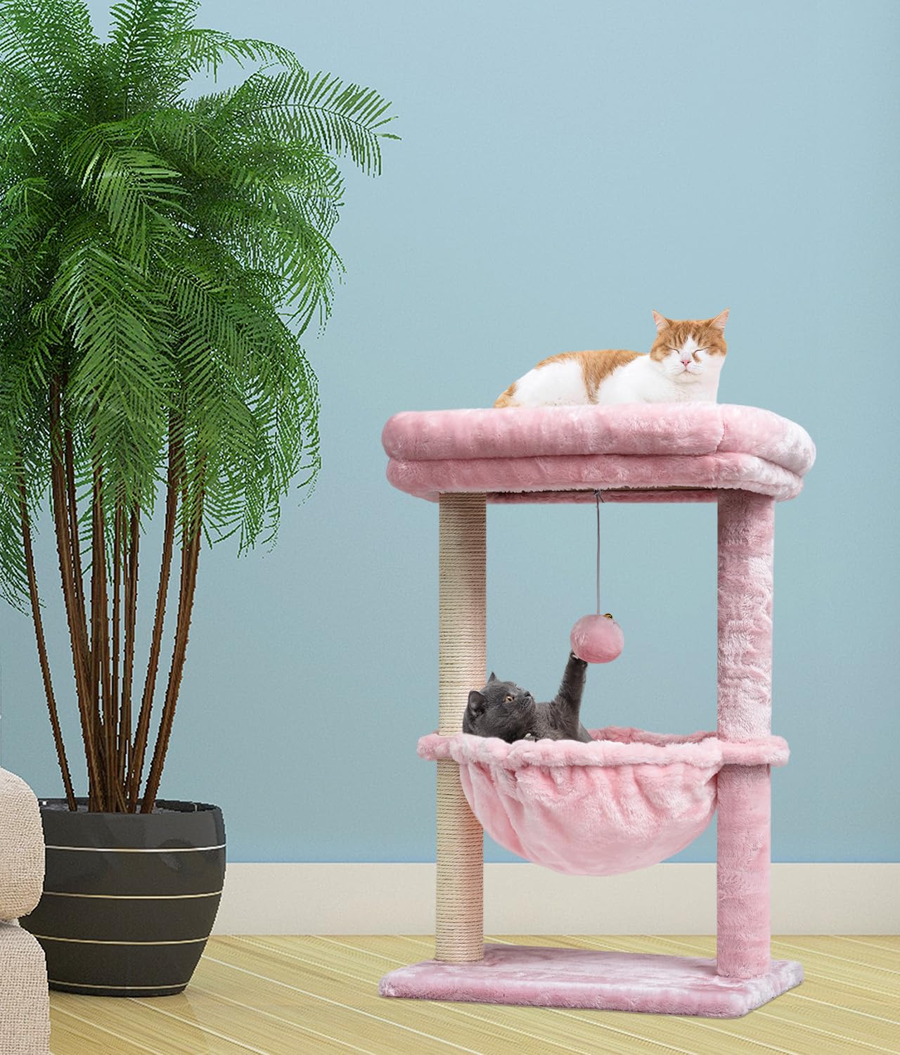 SYANDLVY pink finish cat tree enhances modern decor.