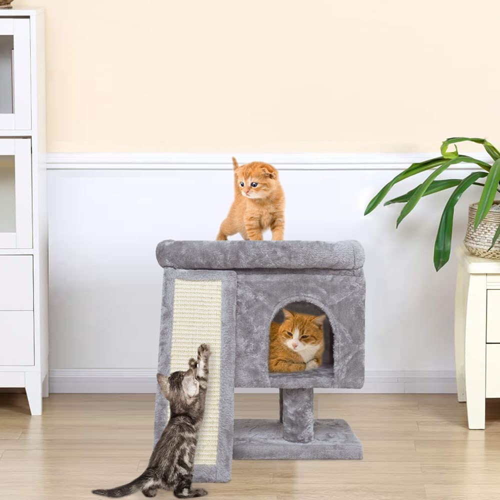 SYANDLVY light-grey cat tree scratching board prompts stretches and keeps paws active.