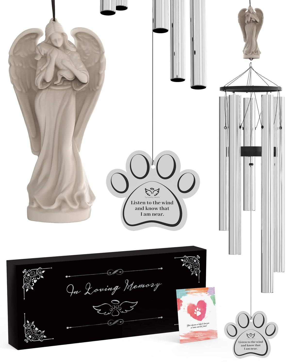 SYMPATHY HEARTS dog memorial wind chimes, 34-inch design for heartfelt remembrance outdoors.