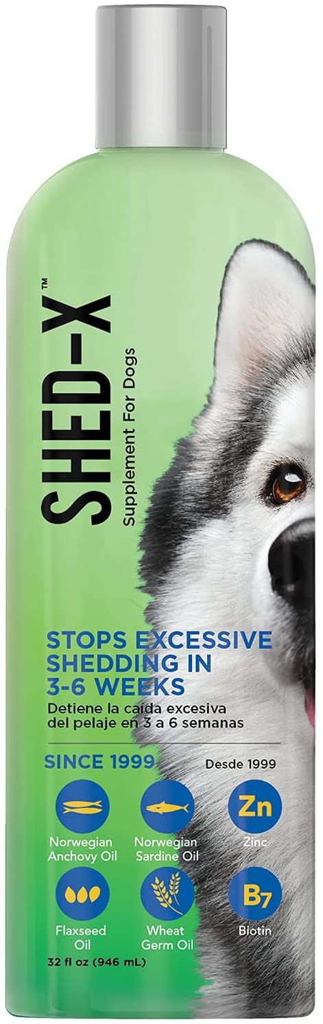 SynergyLabs Shed-X bottle with label highlighting omega fatty acids for a healthier coat