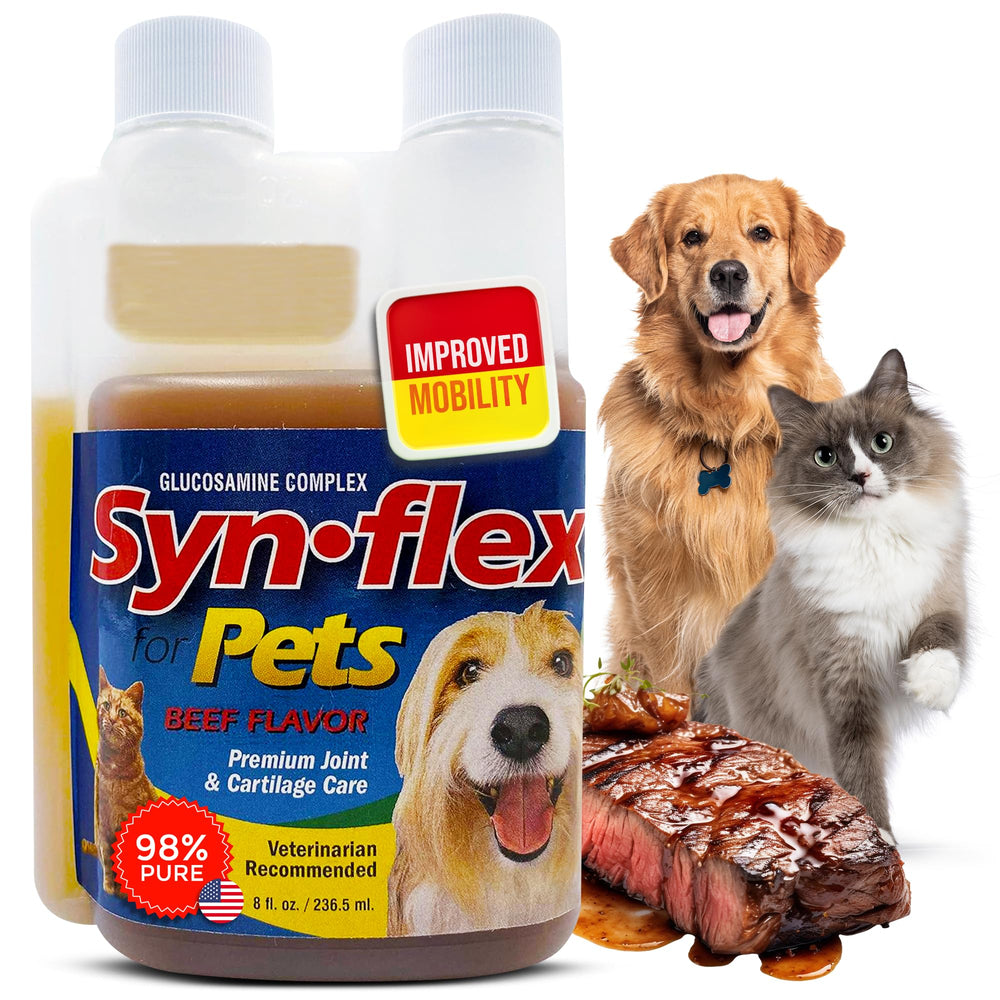 Synflex concentrated glucosamine bottle pour showing beef-flavored joint support