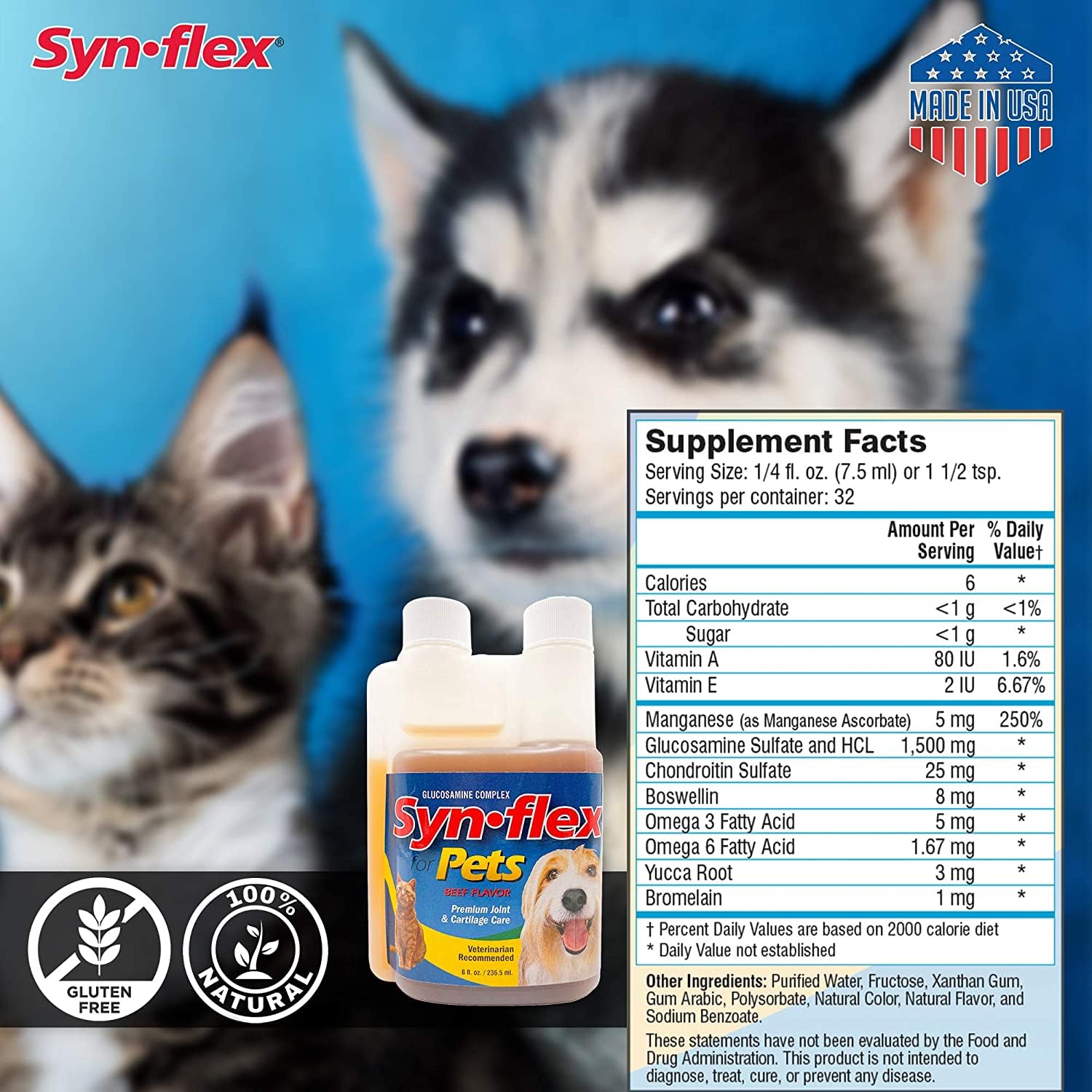 Synflex label close-up highlighting potency of glucosamine, chondroitin, and Boswellin