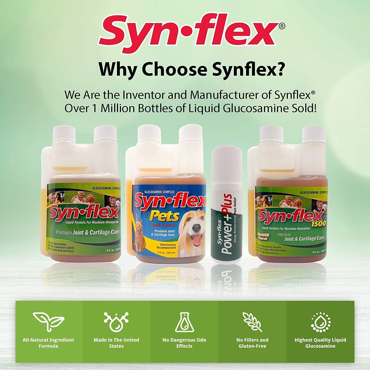 Synflex USA-made glucosamine formula bottle shown in kitchen setting