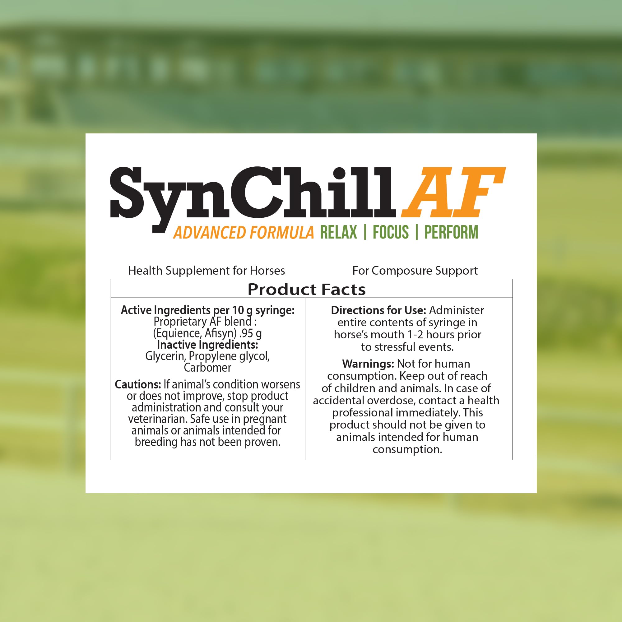 SynNutra Equine SynChill AF pour demonstrates on the go calm during training