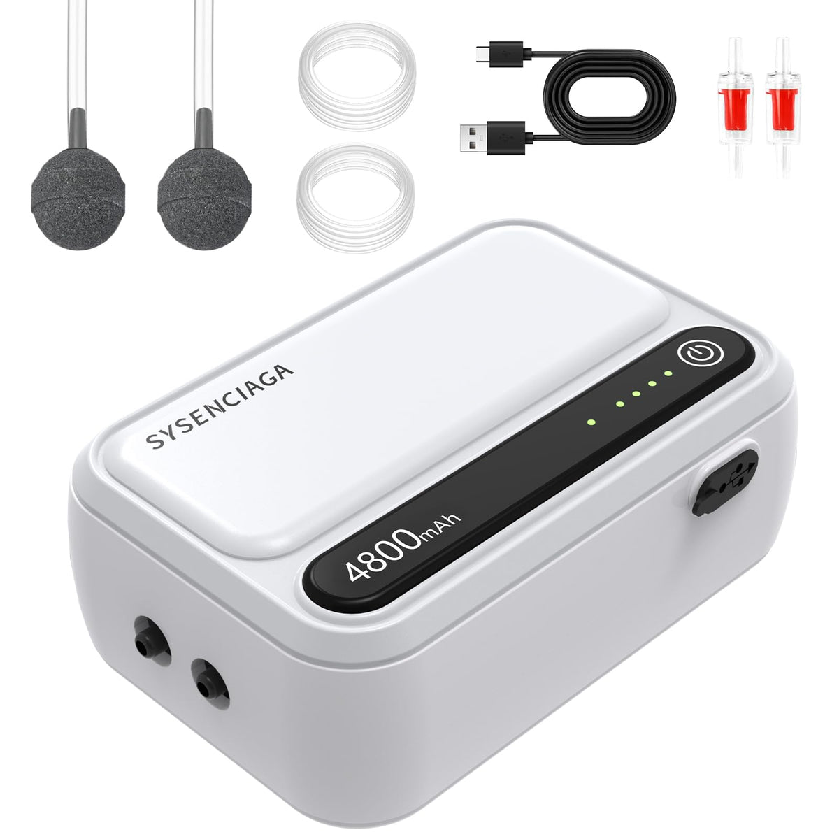 SYSENCIAGA aquarium air pump with battery pack enables portable use in any setup.