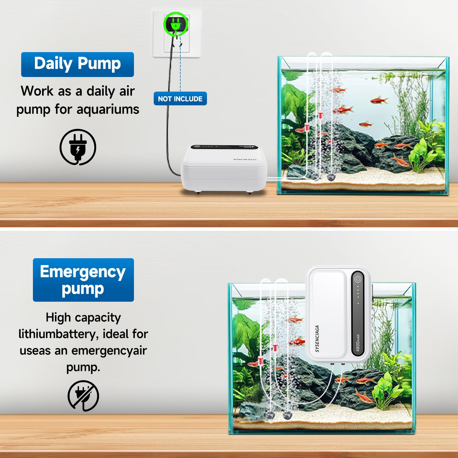 SYSENCIAGA aquarium air pump dual outlets for simultaneous aeration across two tanks.