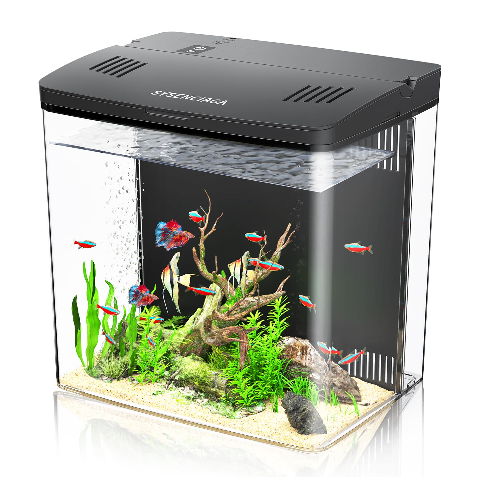 SYSENCIAGA desktop fish tank front view shows compact design for small spaces.