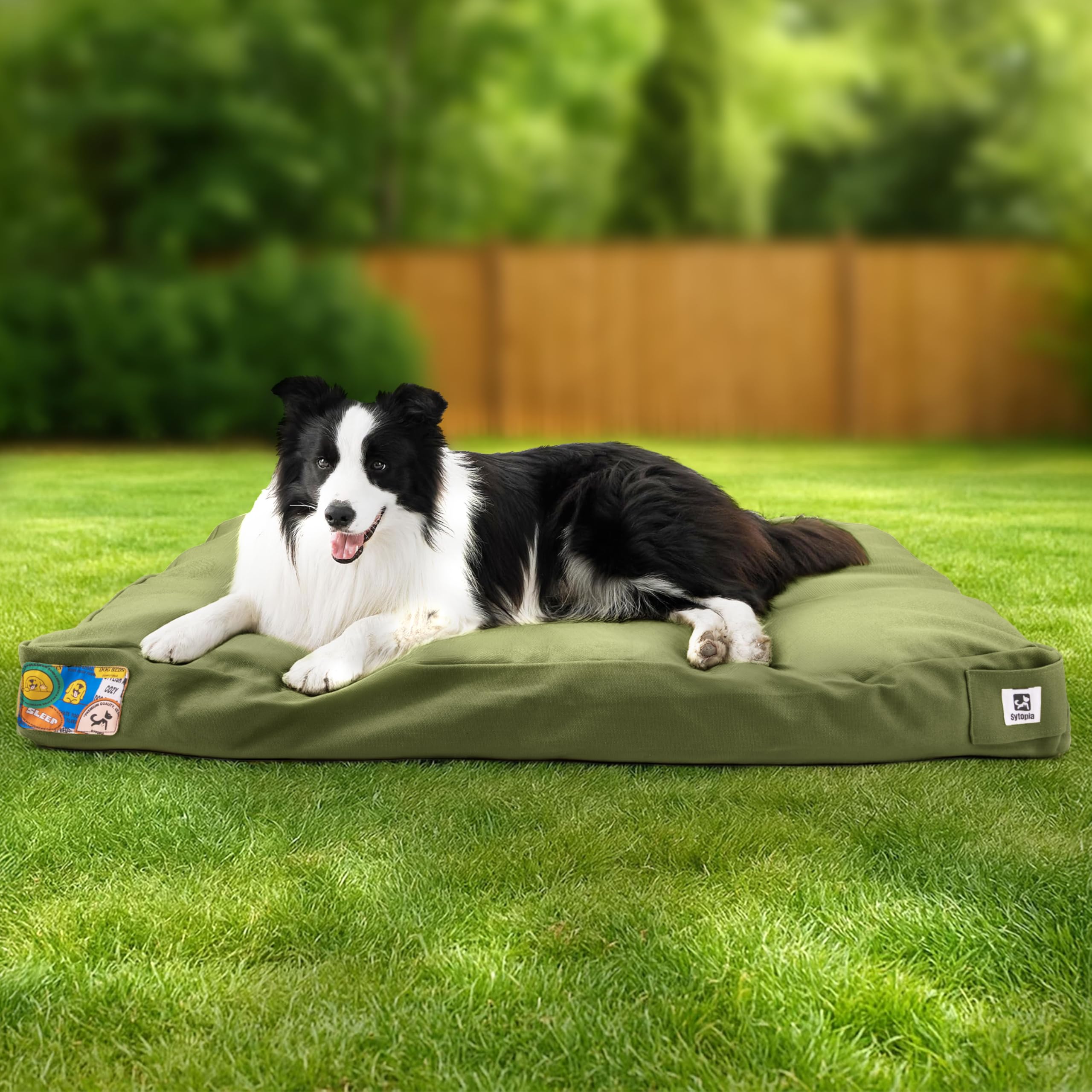 Sytopia 36in dog bed with waterproof canvas for outdoor use.