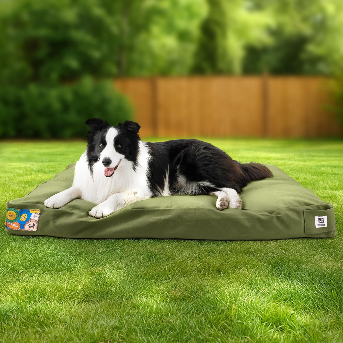Sytopia 36in dog bed with waterproof canvas for outdoor use.