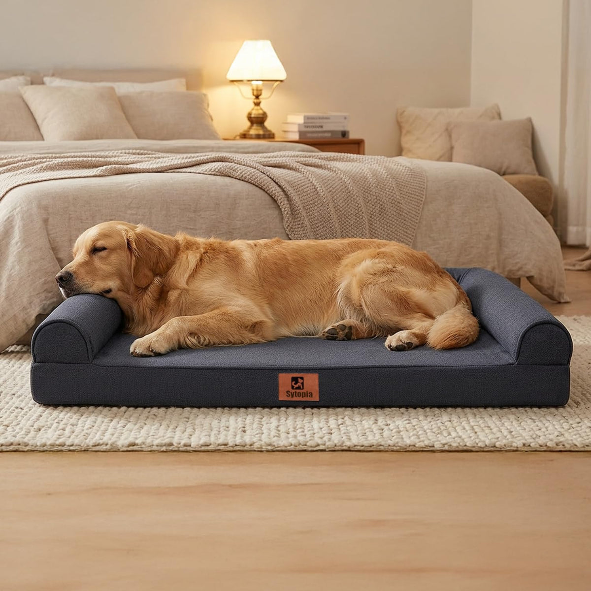 Sytopia 42-inch orthopedic dog bed top view with three-sided bolster for comfort