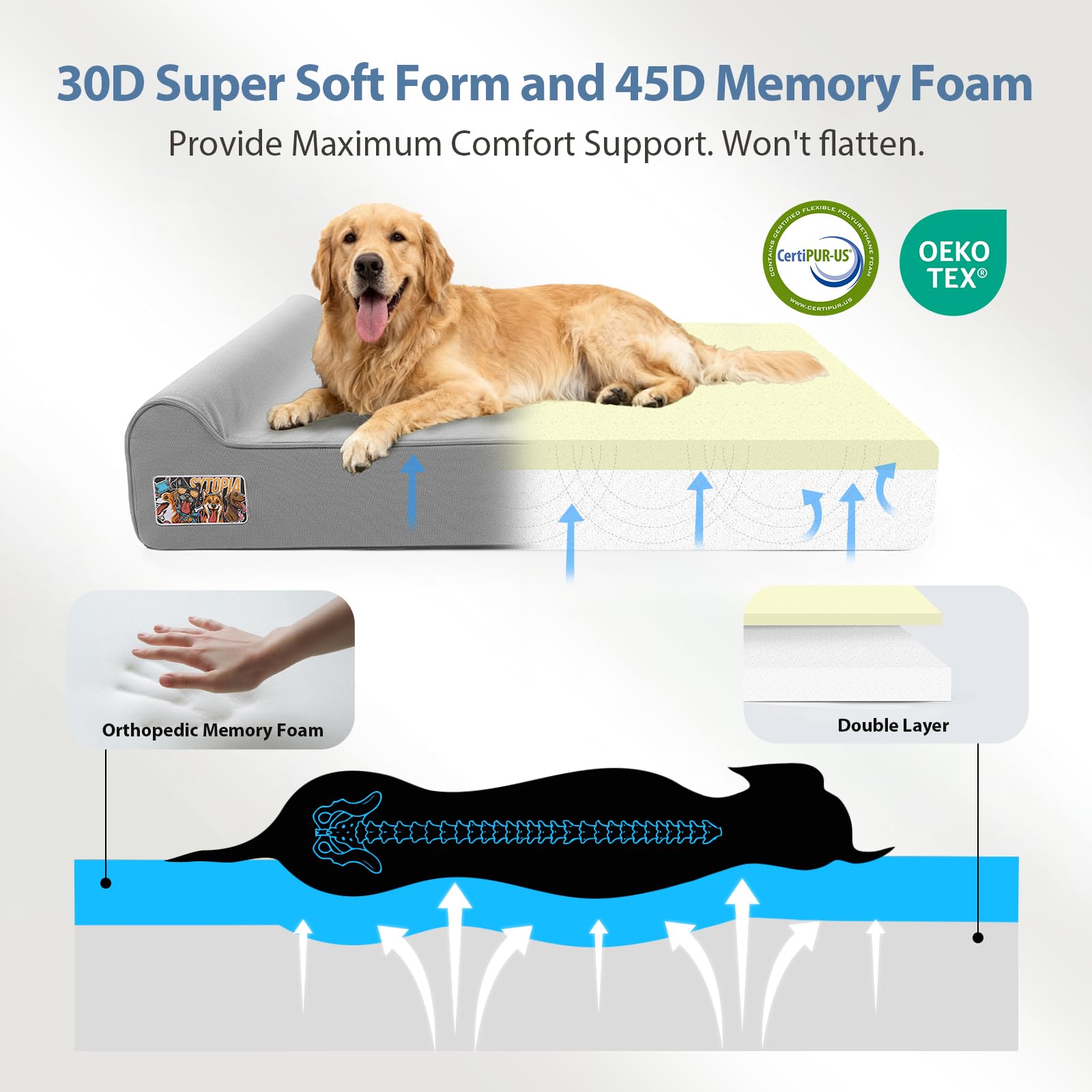 Sytopia extra-large bed with built-in headrest supports neck comfort.