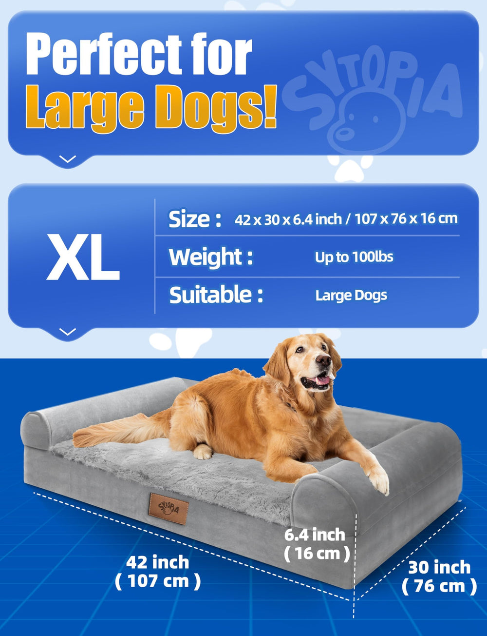 Sytopia XL 42x30x6.4-inch bed fits big dogs up to 100 pounds