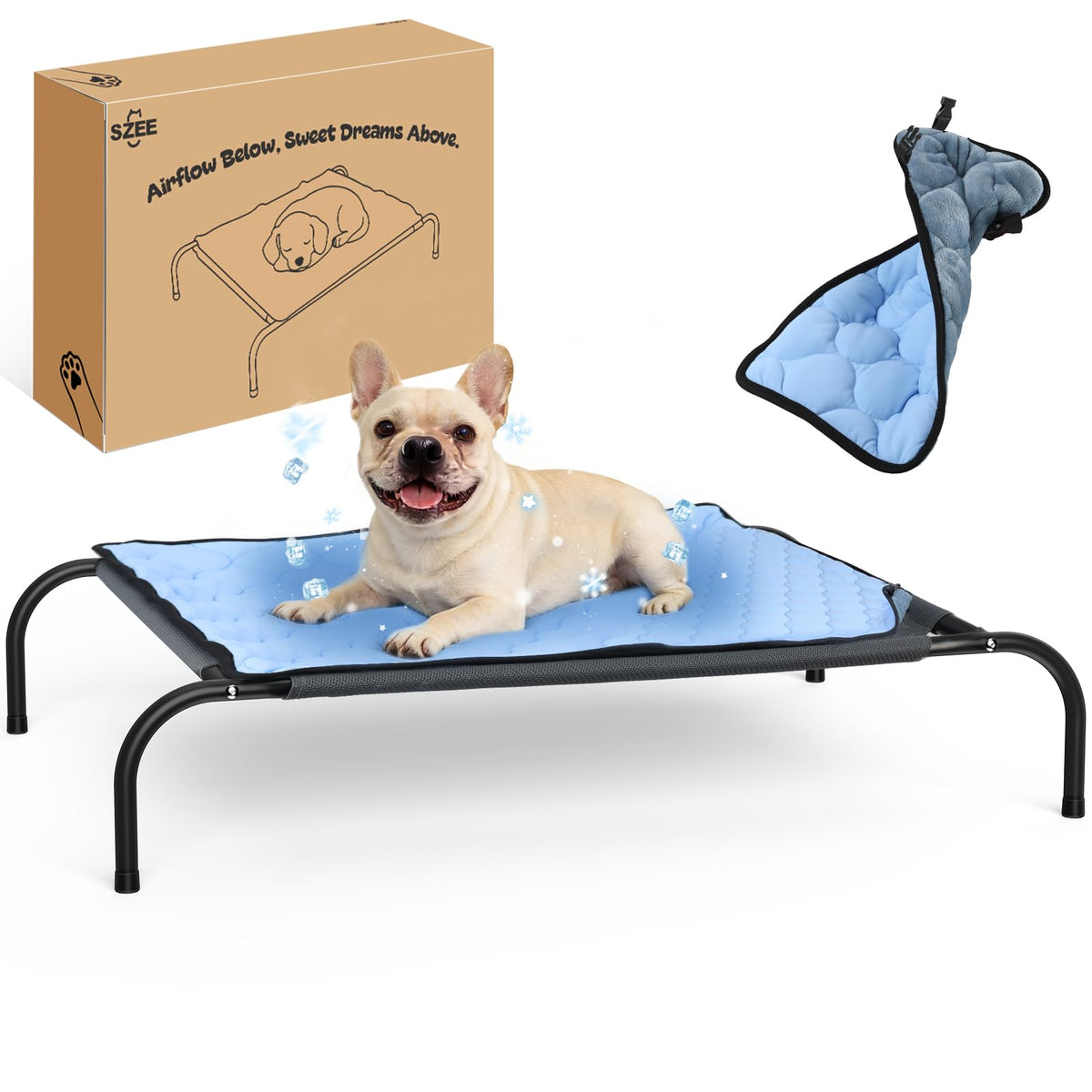 SZEE Raised Dog Cot Bed with elevated frame for outdoor comfort