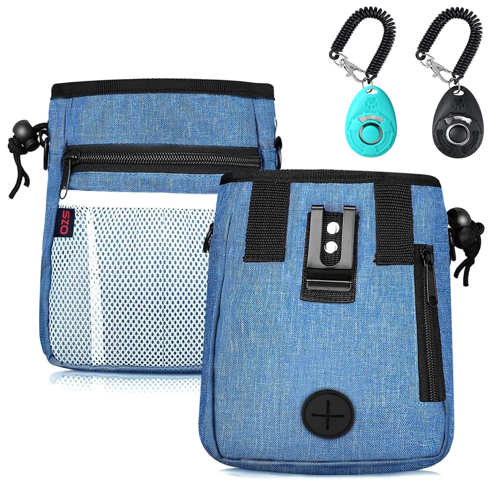 SZO dog treat pouch in blue shows three wear options for versatile training.
