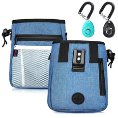 SZO dog treat pouch in blue shows three wear options for versatile training.