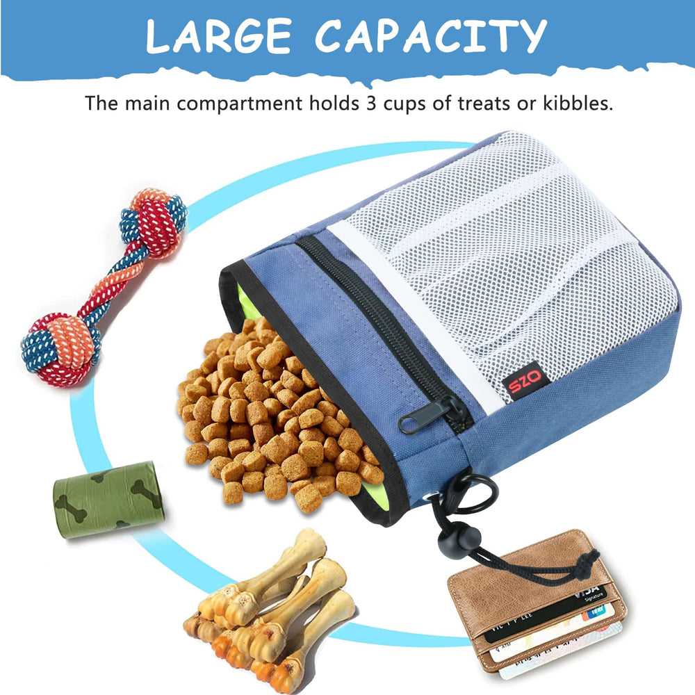 SZO treat pouch in blue highlights large capacity and accessible storage.
