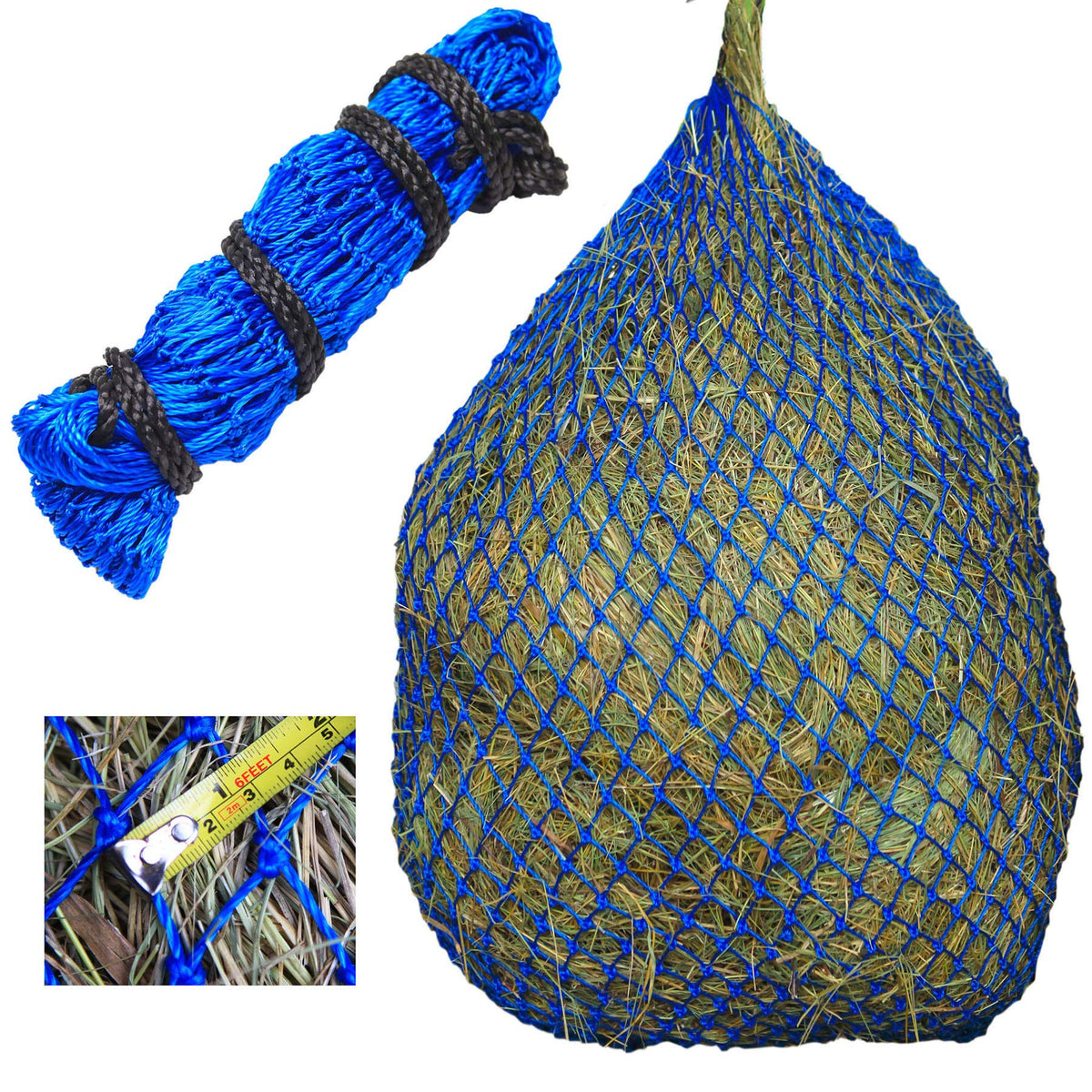 T TEKE Ultra Slow Hay Feeder Net with 39-inch length and small holes for controlled feeding.