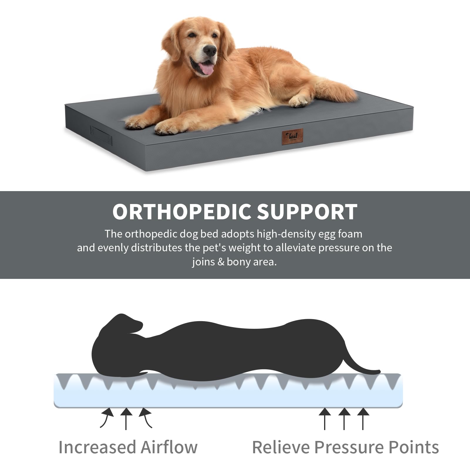 Tail Stories egg-crate foam provides even weight distribution for large dogs.
