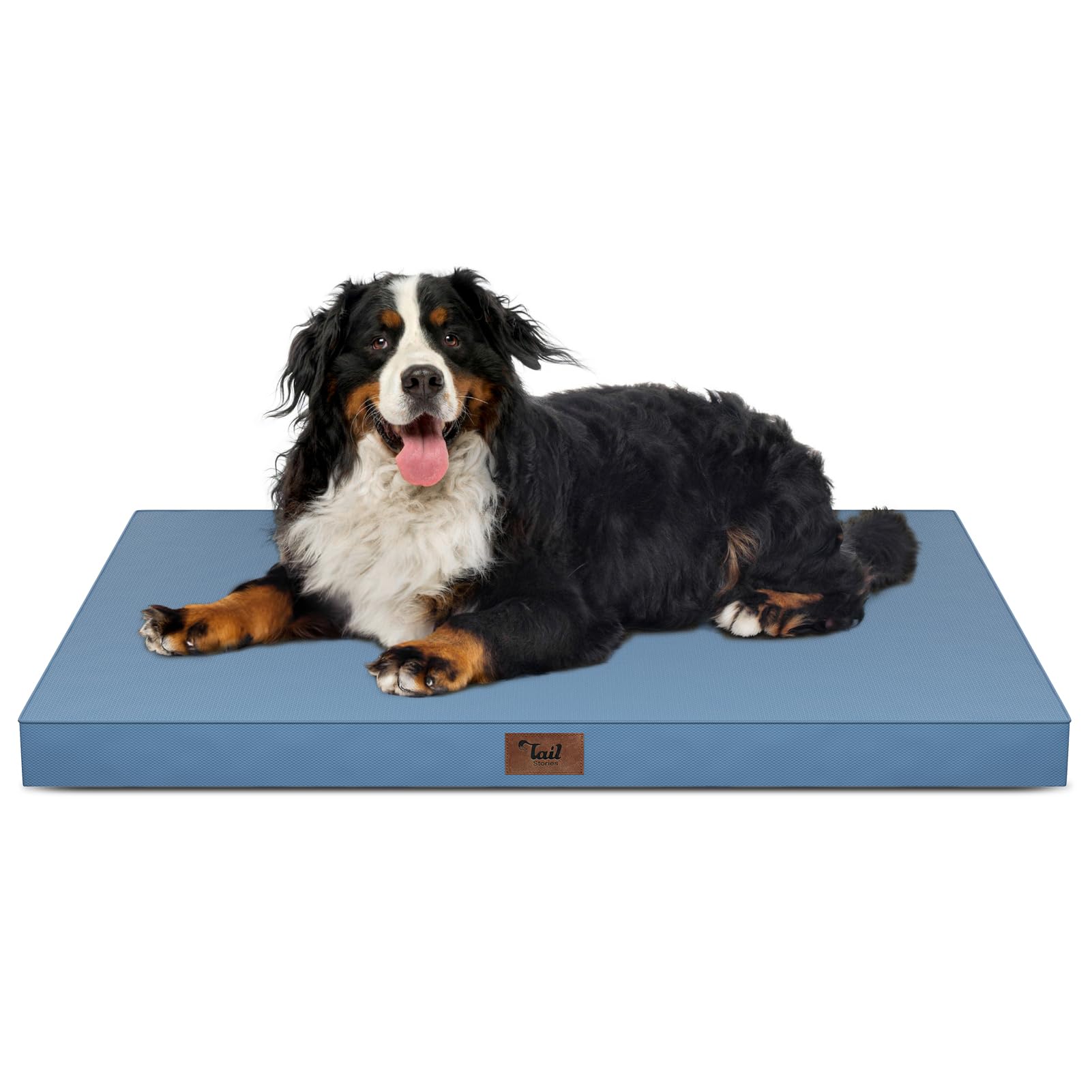 Tail Stories outdoor XXL dog bed with waterproof blue cover, great for crate protection and outdoor naps