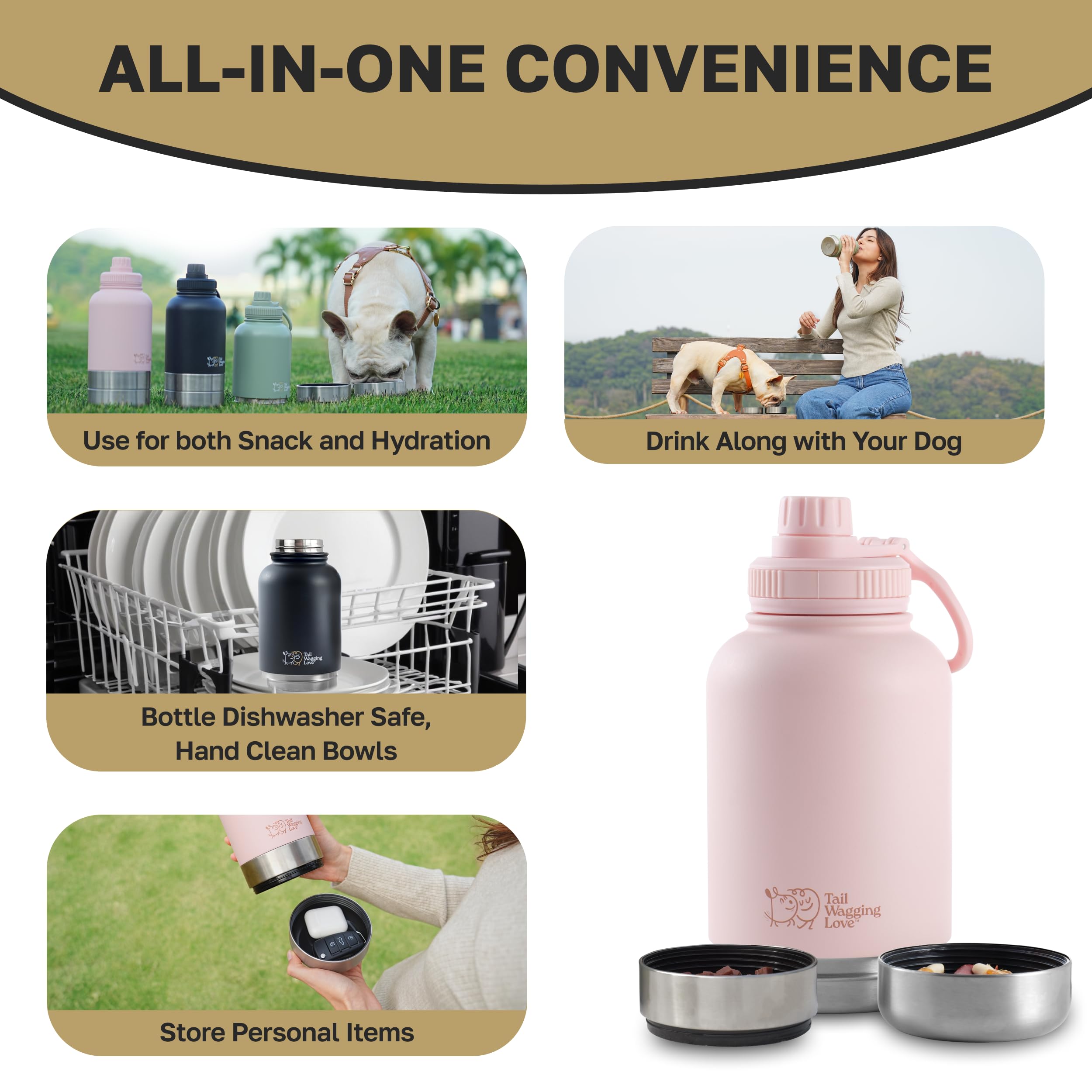 Tail Wagging Love leak-proof seal secures water and snacks with no spills.