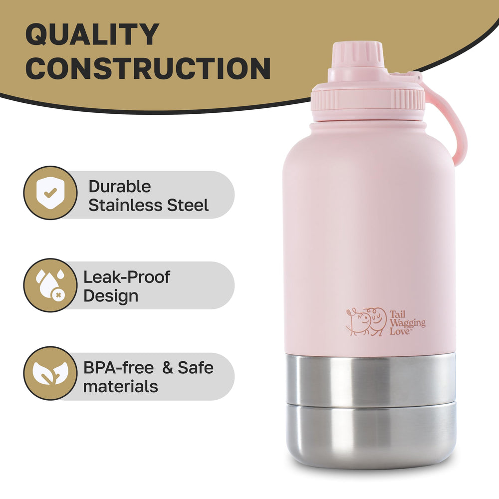 Tail Wagging Love stainless steel bottle with cap closeup keeps drinks clean during adventures.