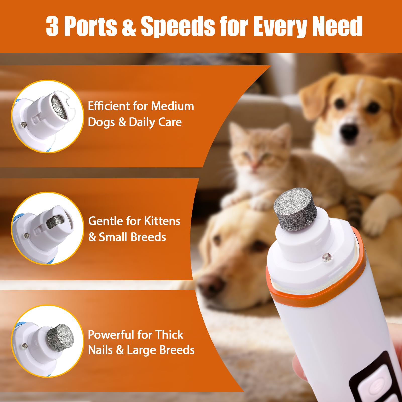 TAILNERY dog nail grinder with 3 speeds for gentle to fast filing.