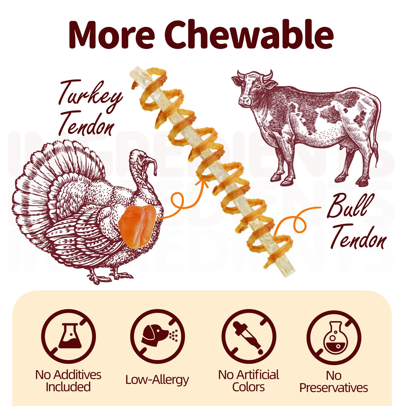 Close-up texture of TailParty turkey tendons showing firm chew.