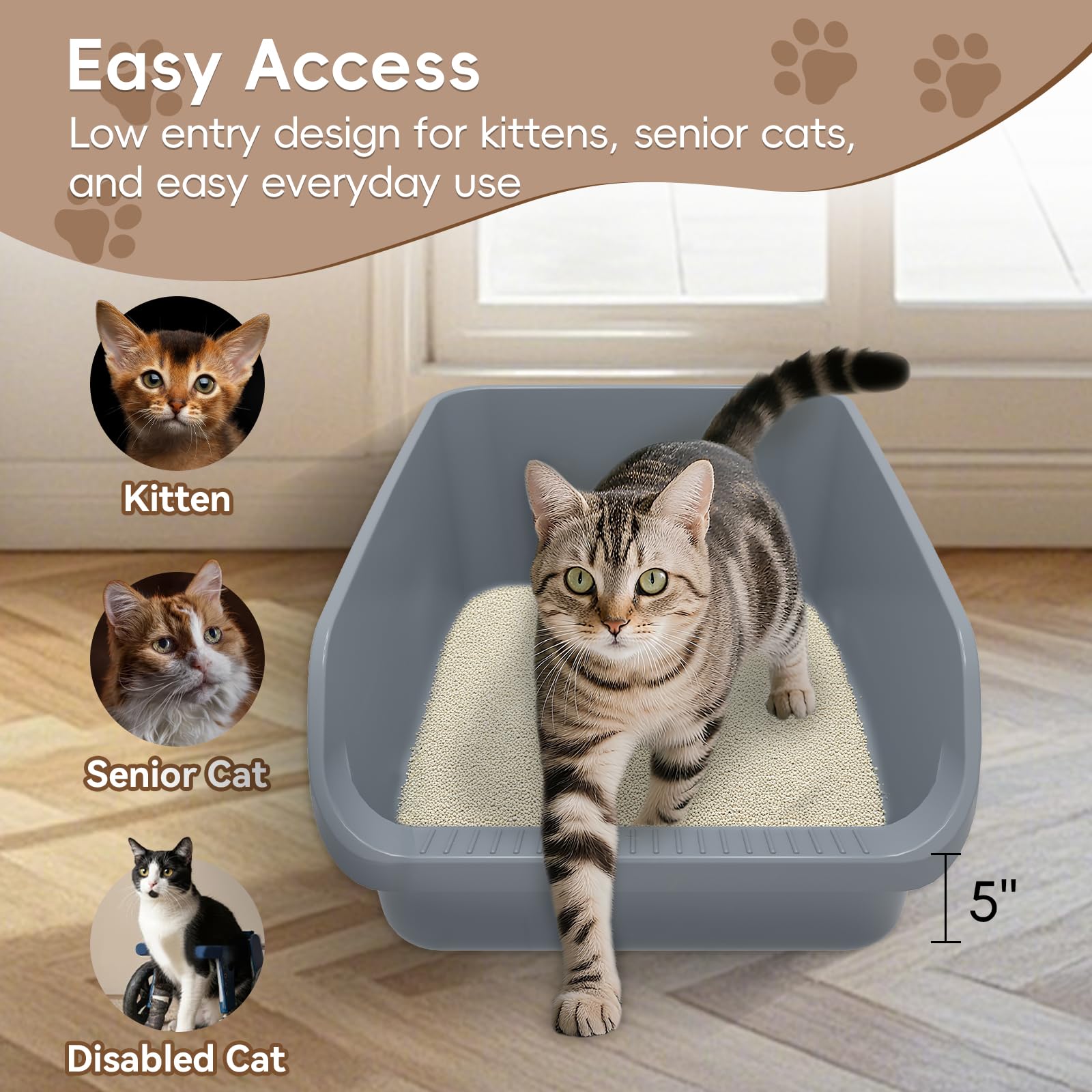 Tailryth open-top litter pan provides easy access and a roomy interior.