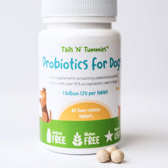 Tails 'N' Tummies probiotic bottle pour for gentle dog digestion.